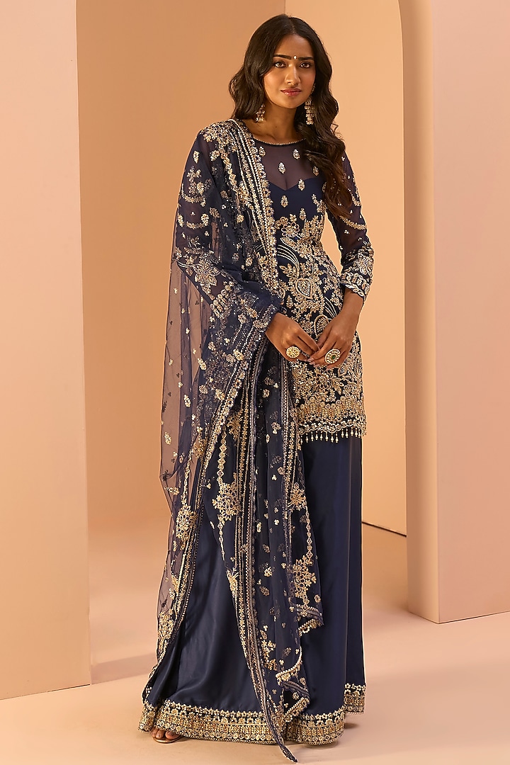 Blue Satin Zari & Sequins Embroidered Party Wear Sharara Set by Lashkaraa at Pernia's Pop Up Shop