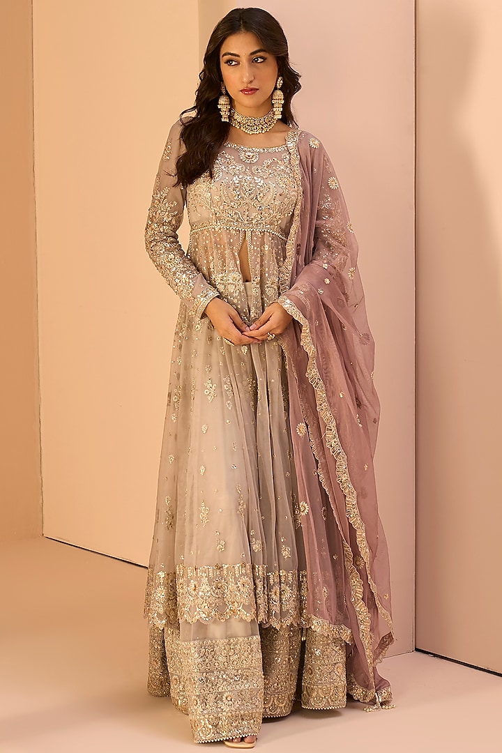 Grey Net Sequins Embroidered Anarkali Style Sharara Set by Lashkaraa at Pernia's Pop Up Shop