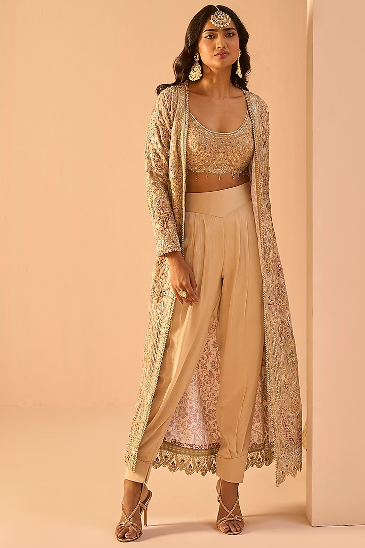 Golden Beige Net Sequins Embroidered Jacket Set by Lashkaraa at Pernia's Pop Up Shop