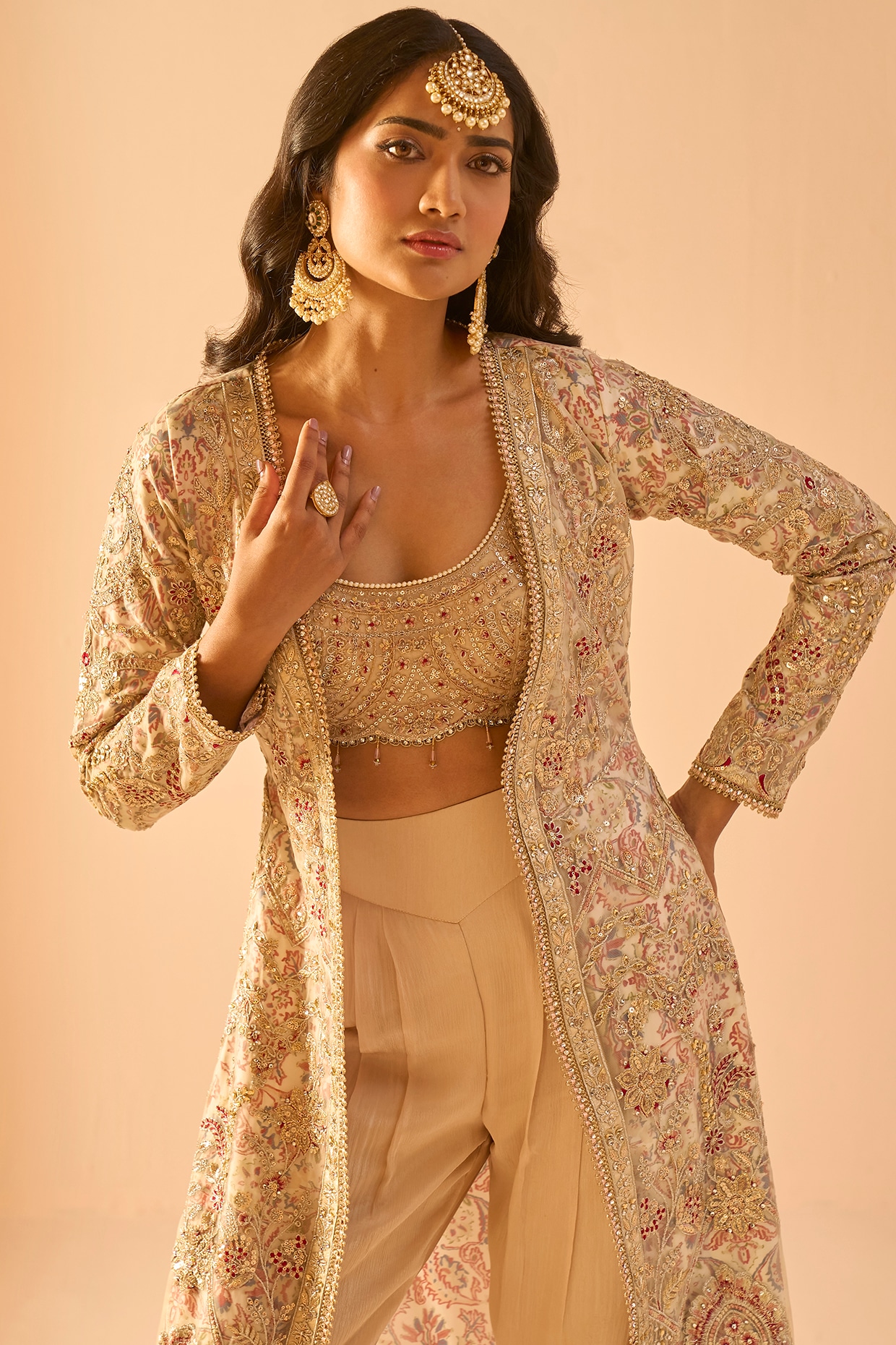 Golden Beige Net Sequins Embroidered Jacket Set by Lashkaraa at