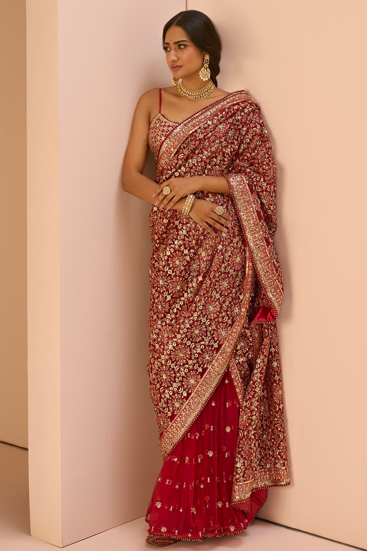 Pink Indo-western Saree And Layered Sleeves Blouse Set In Crepe | Indo western  saree, Layered sleeve blouse, Saree