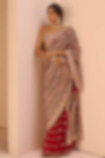 Red Net Sequins Embroidered Gharara Saree Set by Lashkaraa