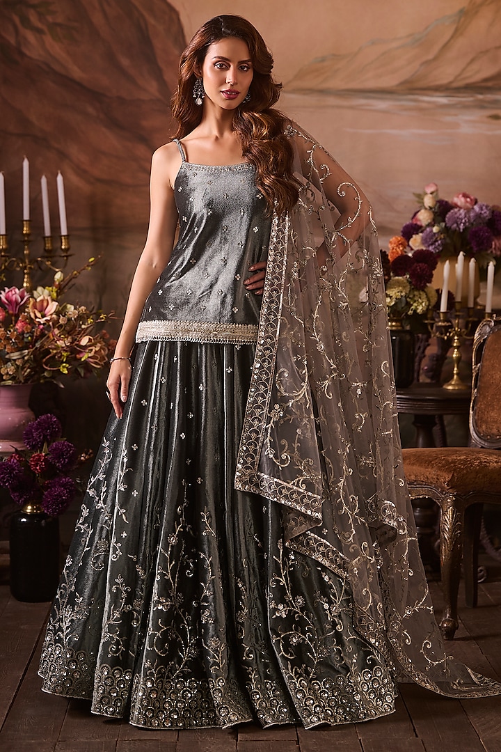 Grey Velvet Zari Hand Embellished Lehenga Set by Lashkaraa at Pernia's Pop Up Shop