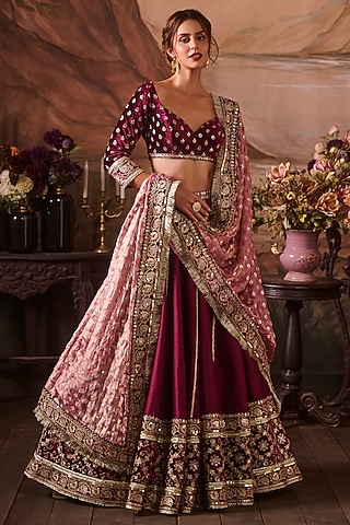 Dark Burgundy Velvet Zari Hand Embellished Lehenga Set by Lashkaraa