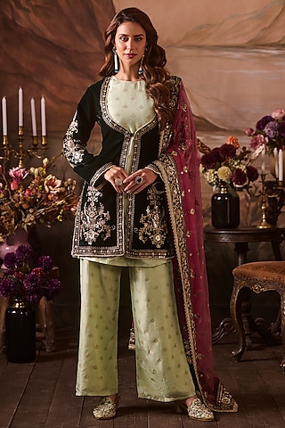 Mint Green Velvet Zari Hand Embellished Jacket Set by Lashkaraa