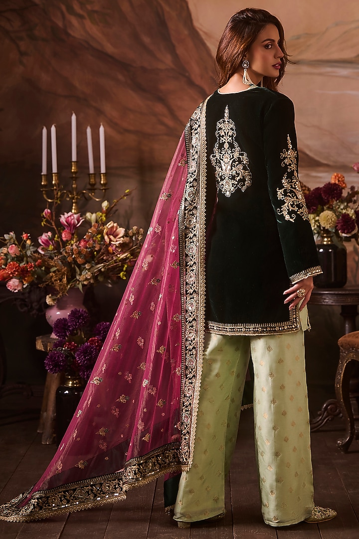 Mint Green Velvet Zari Hand Embellished Jacket Set by Lashkaraa at Pernia's Pop Up Shop