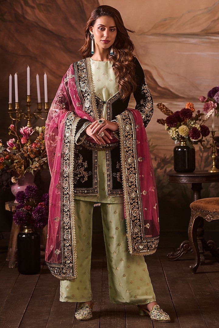 Mint Green Velvet Zari Hand Embellished Jacket Set by Lashkaraa at Pernia's Pop Up Shop