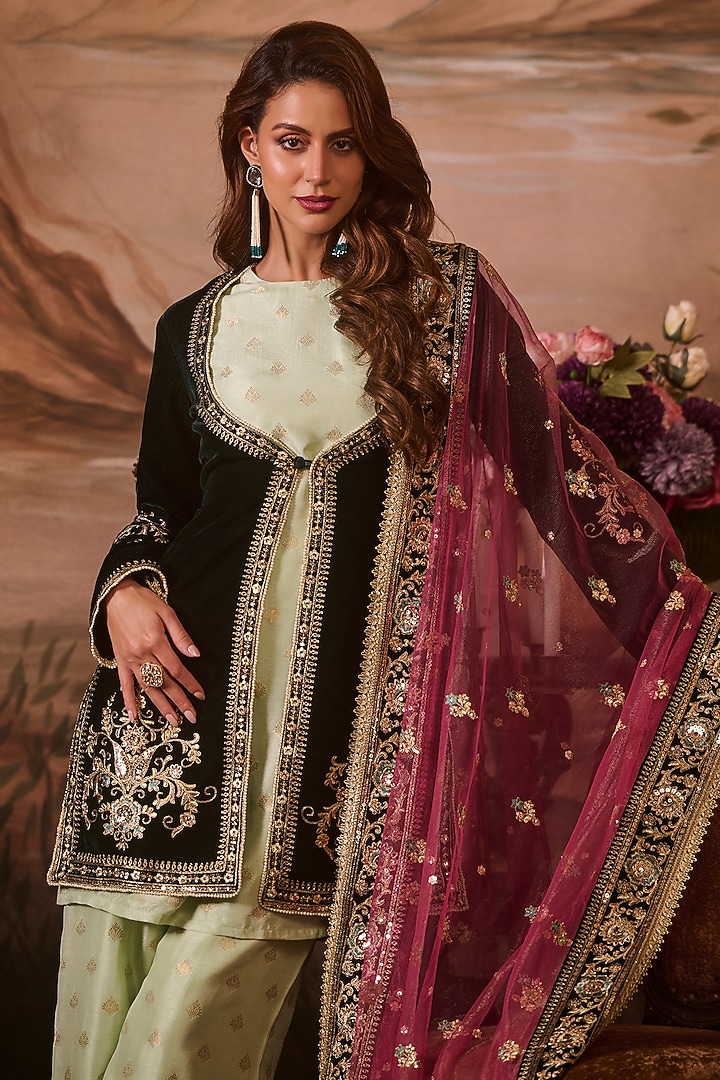 Mint Green Velvet Zari Hand Embellished Jacket Set by Lashkaraa at Pernia's Pop Up Shop