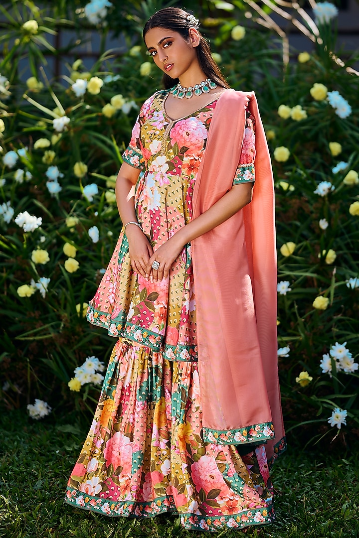Multi-Colored Silk Floral Printed Gharara Set by Lashkaraa