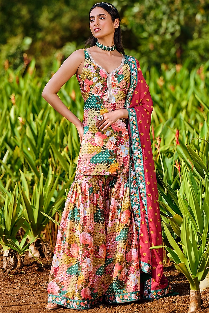 Multi-Colored Satin Georgette Floral Printed Gharara Set by Lashkaraa