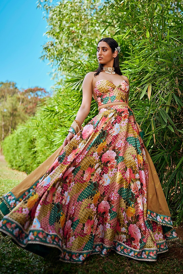 Multi-Colored Satin Georgette Floral Printed Lehenga Set by Lashkaraa