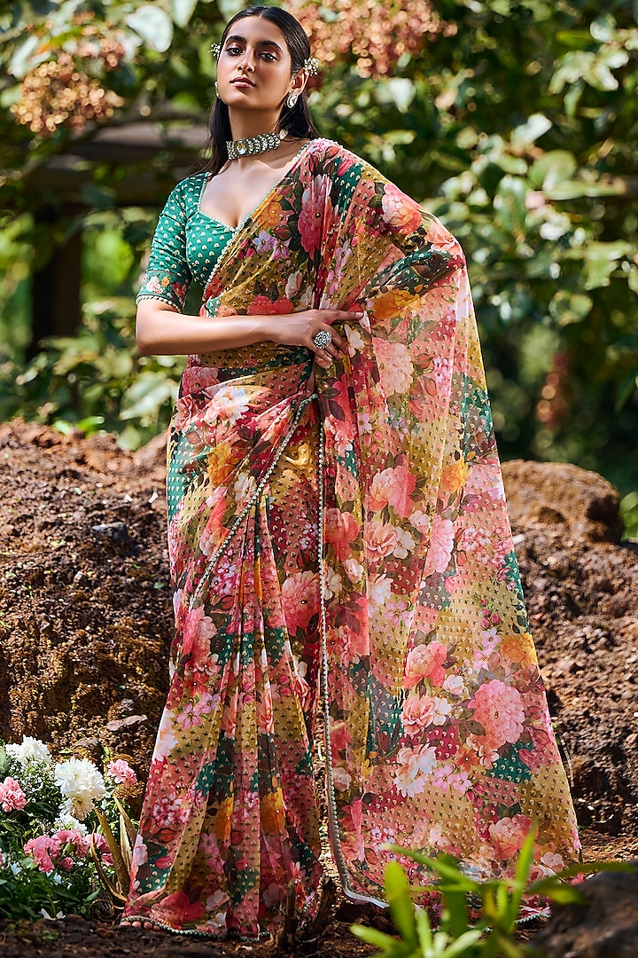 Multi-Colored Chiffon Floral Printed Pre-Stitched Saree Set by Lashkaraa