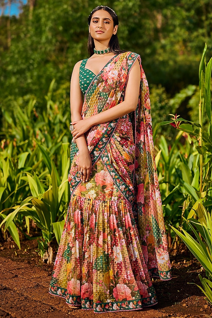 Multi-Colored Chiffon Floral Printed Pre-Stitched Lehenga Saree Set by Lashkaraa