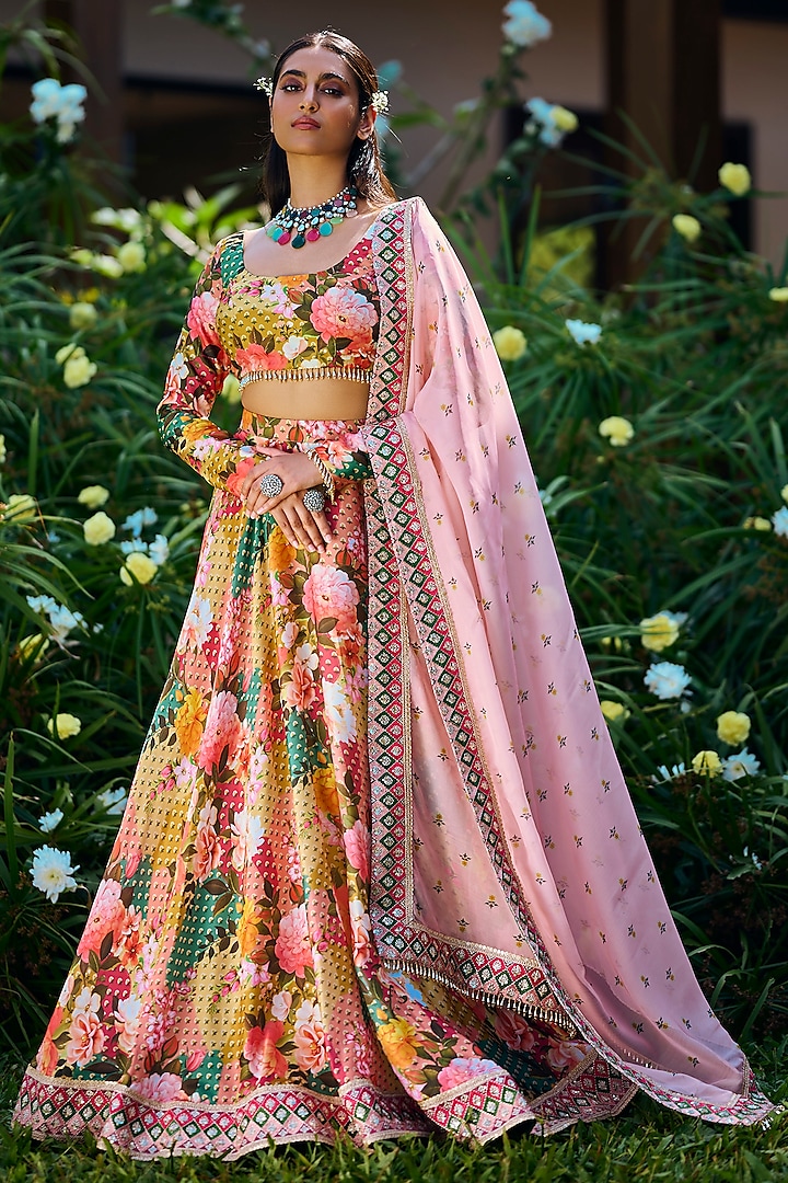 Multi-Colored Silk Floral Printed Lehenga Set by Lashkaraa