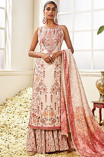 Cream Crushed Georgette Floral Printed Sharara Set by Lashkaraa at Pernia's Pop Up Shop