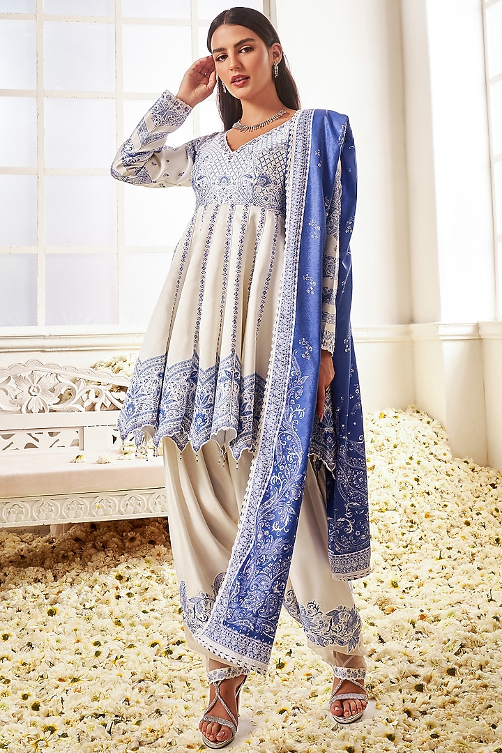 White & Sky Blue Shantoon Floral Printed Peplum Kurta Set by Lashkaraa at Pernia's Pop Up Shop