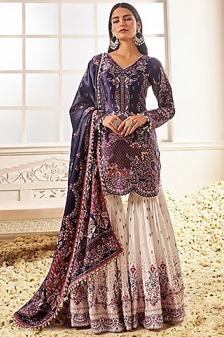 White Crepe Floral Printed Gharara Set by Lashkaraa