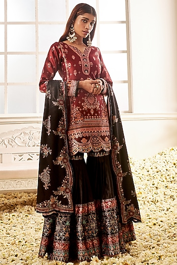 Black Satin Floral Printed Gharara Set by Lashkaraa at Pernia's Pop Up Shop