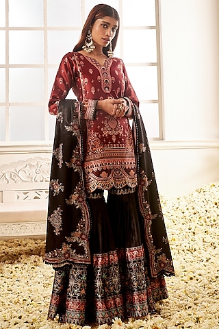 Black Satin Floral Printed Gharara Set by Lashkaraa