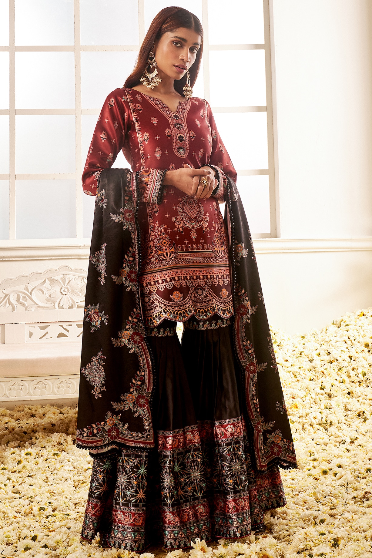 Black Satin Floral Printed Gharara Set by Lashkaraa at Pernia's Pop Up ...