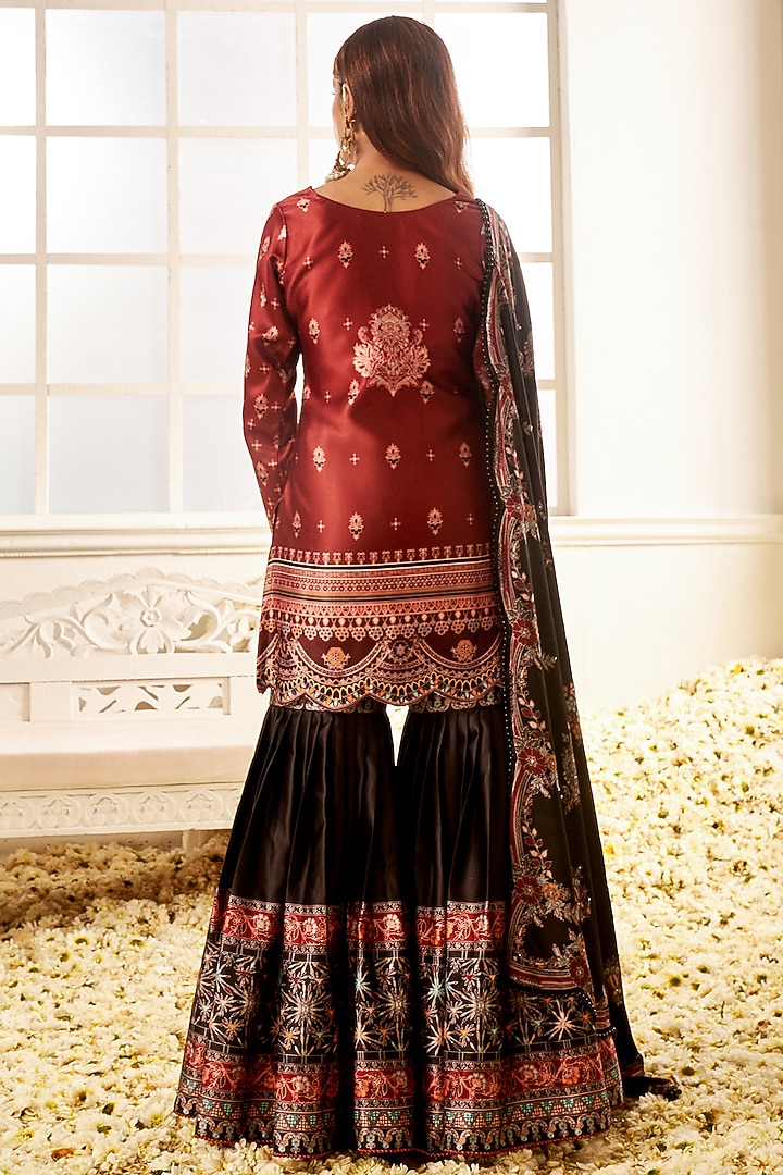 Black Satin Floral Printed Gharara Set by Lashkaraa at Pernia's Pop Up Shop