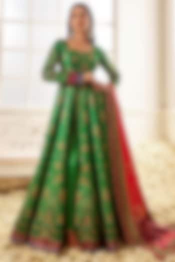 Green Satin Floral Printed & Pearl Embellished Anarkali Set by Lashkaraa at Pernia's Pop Up Shop