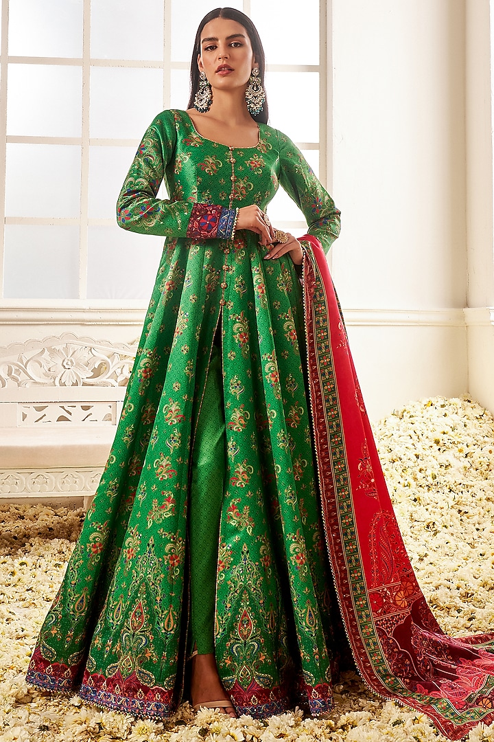 Green Satin Floral Printed & Pearl Embellished Anarkali Set by Lashkaraa at Pernia's Pop Up Shop