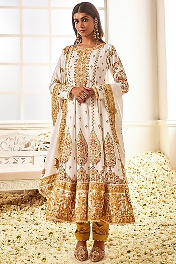 White Satin Printed & Zari Embellished Party Wear Anarkali Set by Lashkaraa at Pernia's Pop Up Shop