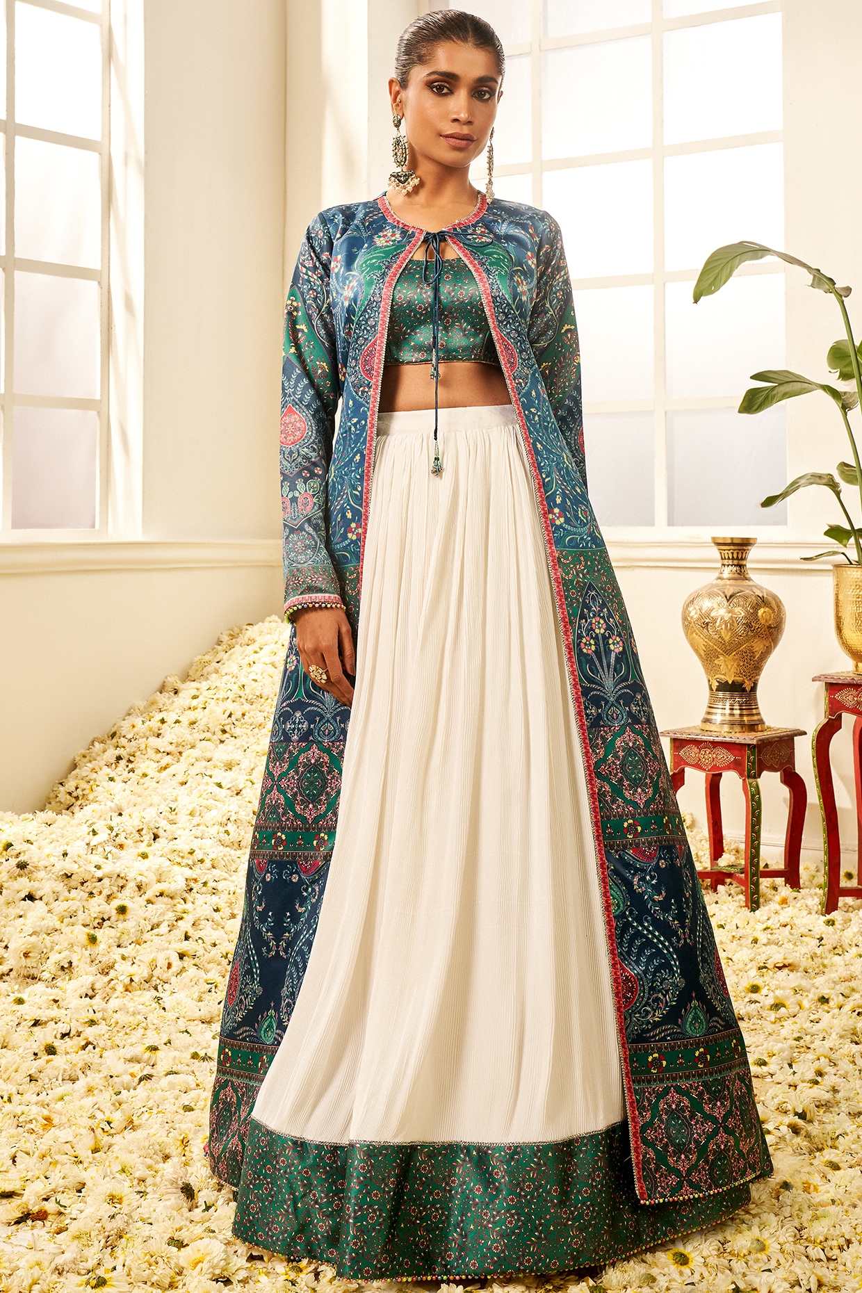 Erum Stone Colour Organza Embroidered Jacket With Powder Blue Velvet  Bustier And Multi Kali Lehenga