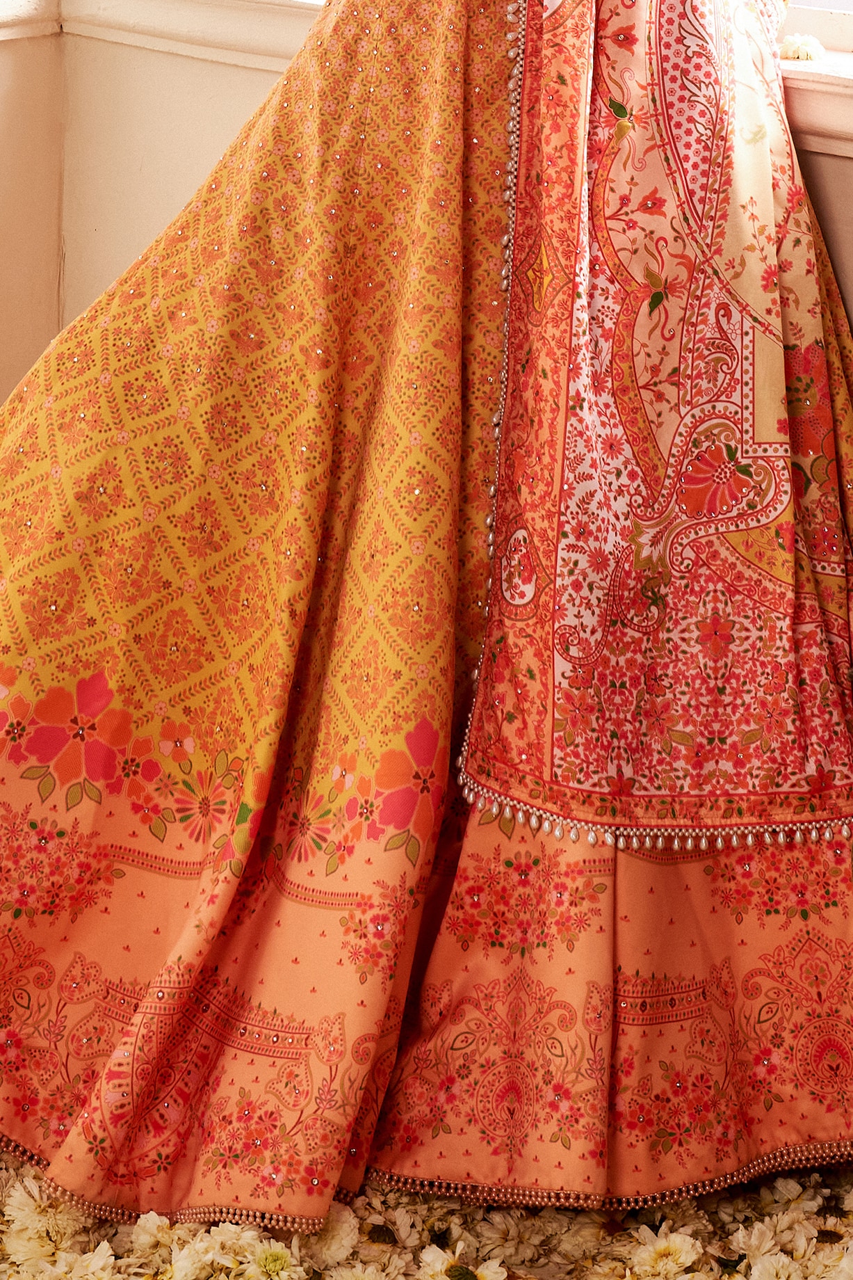 Yellow Pearl Work Net Lehenga Set