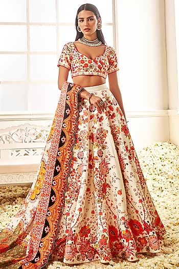 Multi-Colored Satin Floral Printed & Pearl Embellished Lehenga Set by Lashkaraa at Pernia's Pop Up Shop