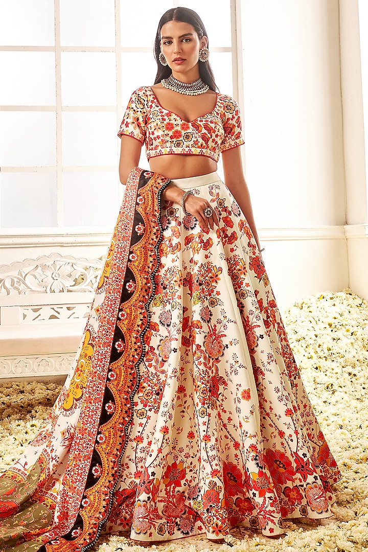 Off White Floral Printed Satin Lehenga – Lashkaraa