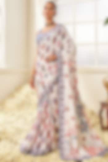 White Satin Velvet Floral Printed Pre-Stitched Festive Saree Set by Lashkaraa at Pernia's Pop Up Shop