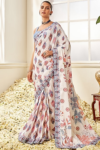 White Satin Velvet Floral Printed Pre-Stitched Festive Saree Set by Lashkaraa at Pernia's Pop Up Shop