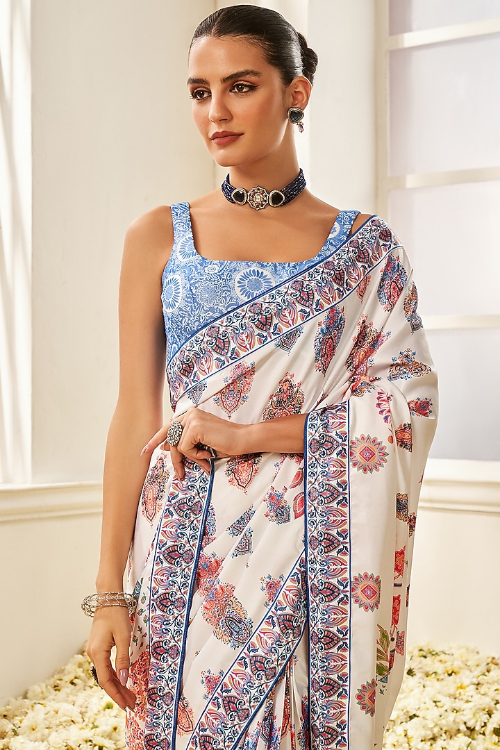 White Satin Velvet Floral Printed Pre-Stitched Festive Saree Set by Lashkaraa at Pernia's Pop Up Shop