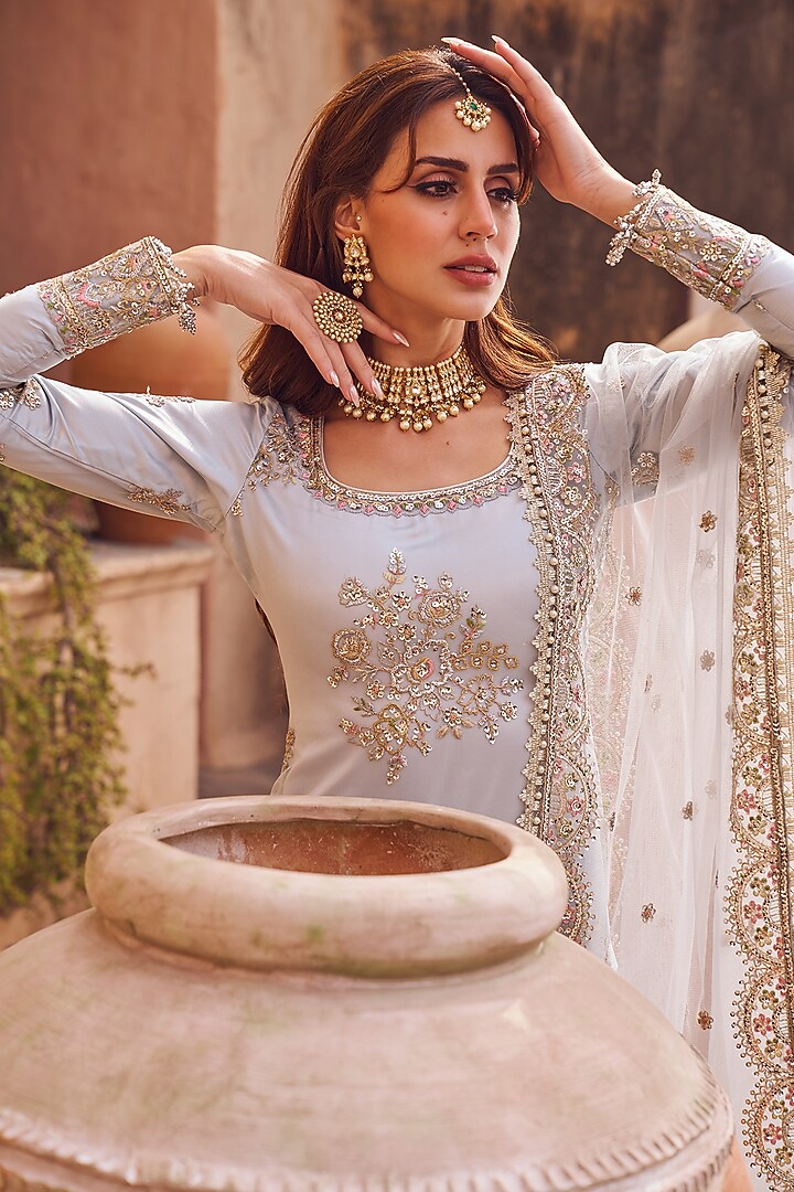 Light Dusty Bluish Grey Net Zari Embellished Kurta Set by Lashkaraa at Pernia's Pop Up Shop