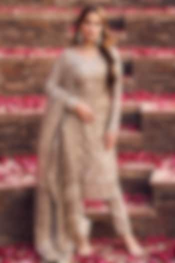 Dusty Grey Net Zari Embroidered Kurta Set by Lashkaraa at Pernia's Pop Up Shop