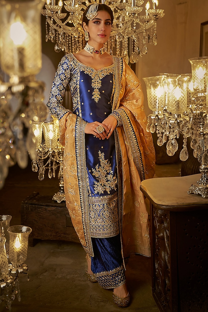 Royal Blue Satin Zari Embroidered Kurta Set by Lashkaraa