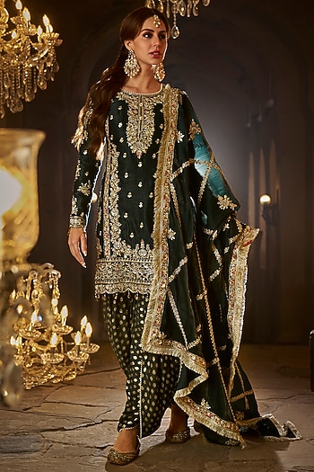 Bottle Green Satin Zari Embroidered Kurta Set by Lashkaraa at Pernia's Pop Up Shop