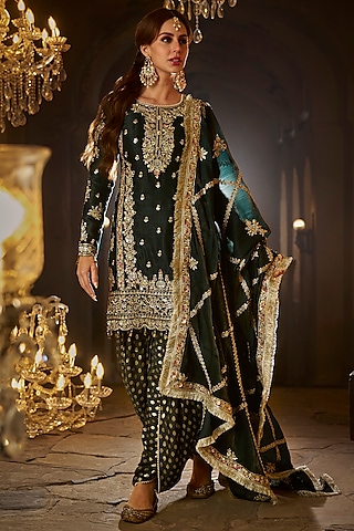 Bottle Green Satin Zari Embroidered Kurta Set by Lashkaraa