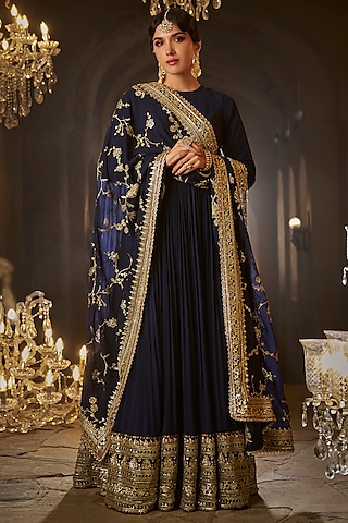 Navy Blue Georgette Zari Embroidered Anarkali Set by Lashkaraa
