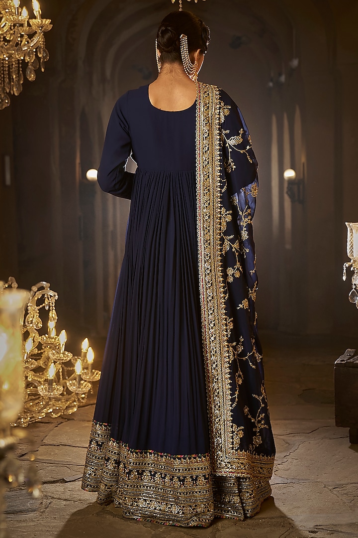 Navy Blue Georgette Zari Embroidered Party Wear Anarkali Set by Lashkaraa at Pernia's Pop Up Shop