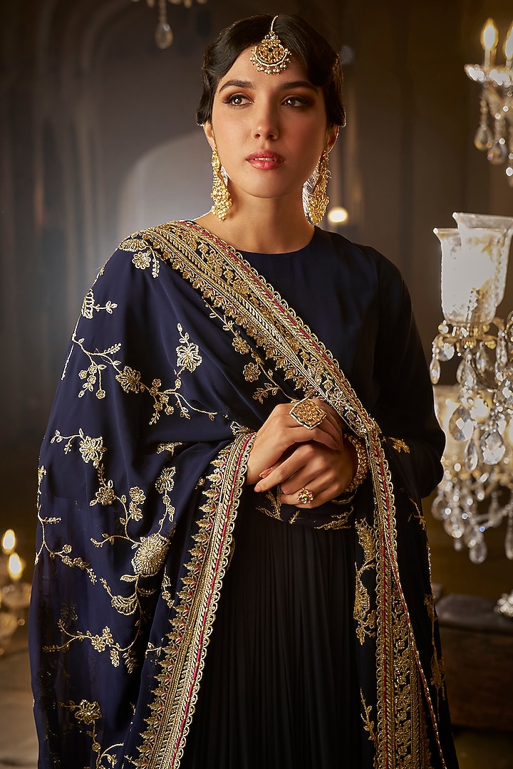Navy Blue Georgette Zari Embroidered Party Wear Anarkali Set by Lashkaraa at Pernia's Pop Up Shop