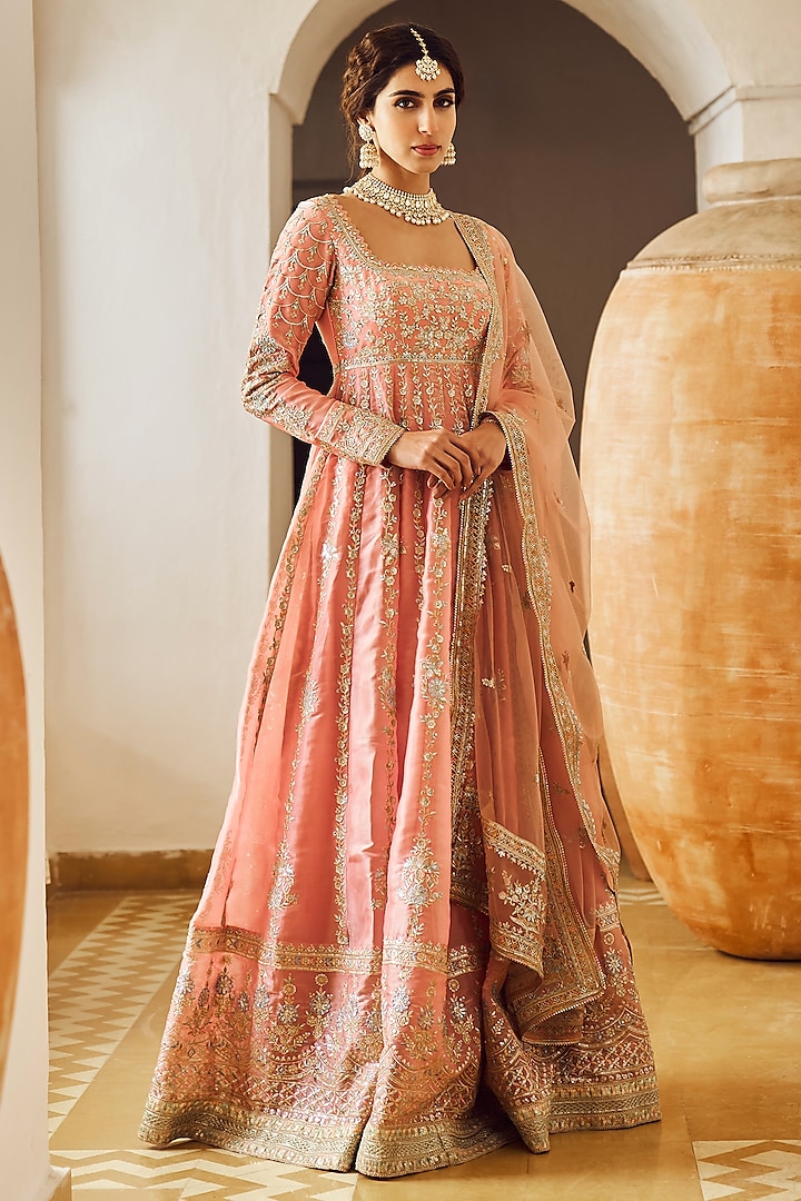 Dusty Peach Organza Zari Embroidered Anarkali Set by Lashkaraa at Pernia's Pop Up Shop