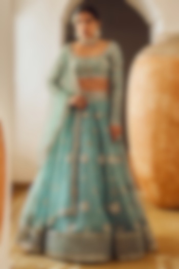Dusty Blue Organza Zari Embroidered Lehenga Set by Lashkaraa at Pernia's Pop Up Shop