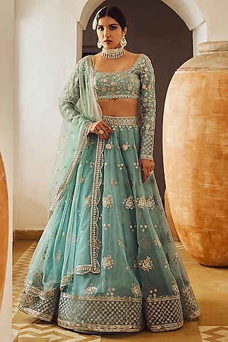 Dusty Blue Organza Zari Embroidered Lehenga Set by Lashkaraa
