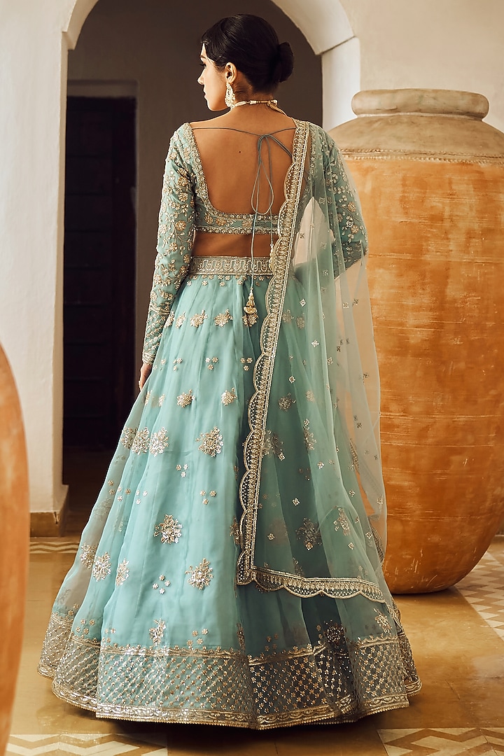 Dusty Blue Organza Zari Embroidered Lehenga Set by Lashkaraa at Pernia's Pop Up Shop