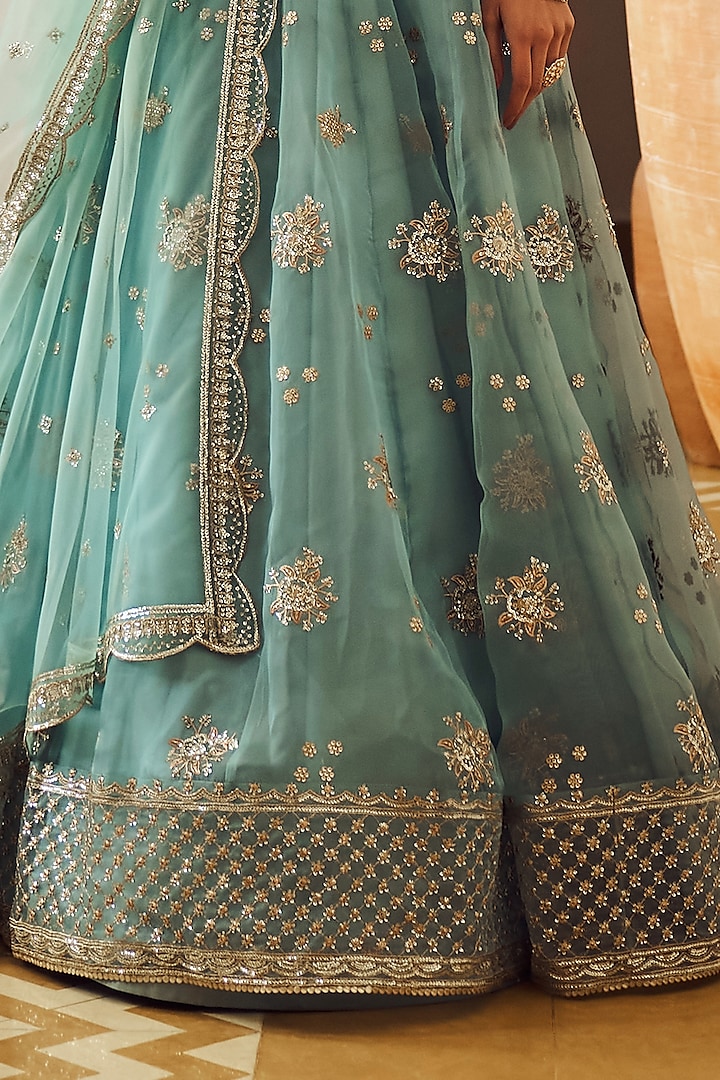 Dusty Blue Organza Zari Embroidered Lehenga Set by Lashkaraa at Pernia's Pop Up Shop