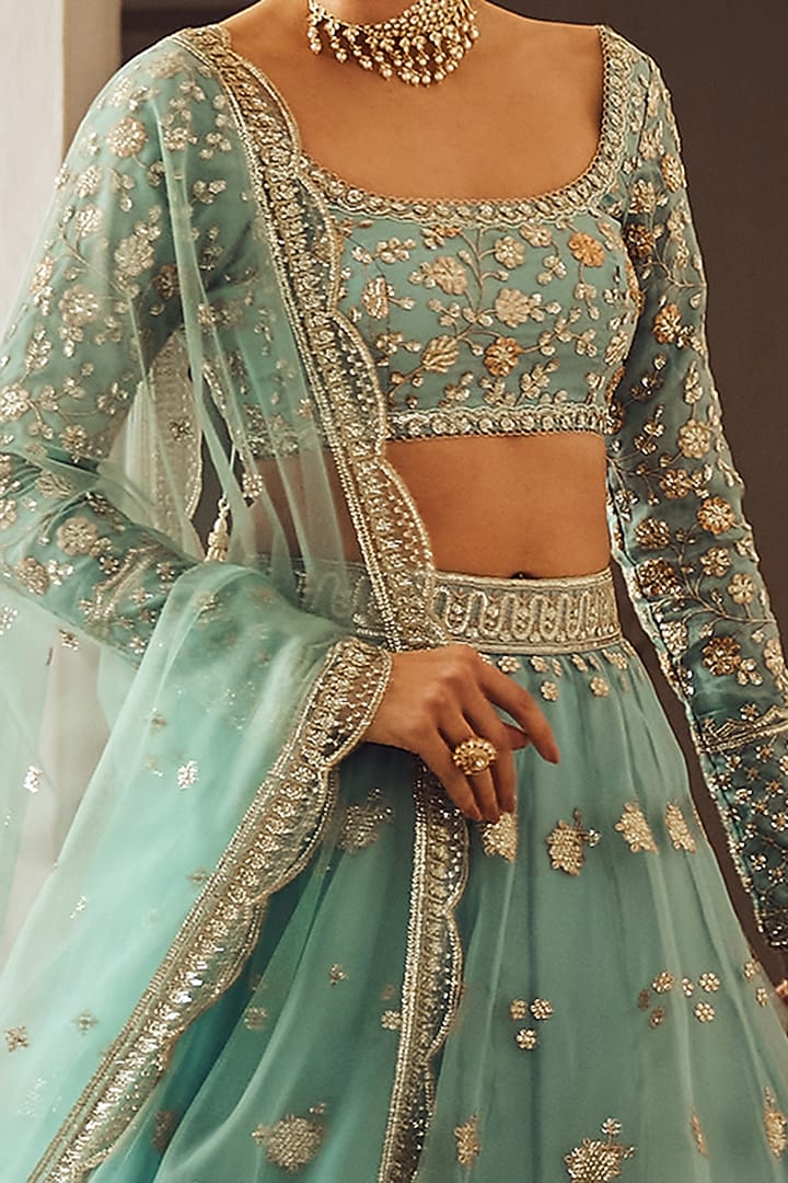 Dusty Blue Organza Zari Embroidered Lehenga Set by Lashkaraa at Pernia's Pop Up Shop