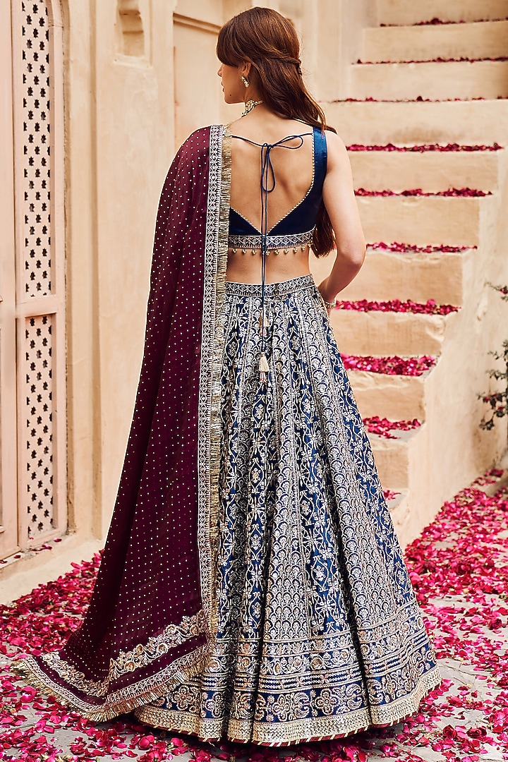 Blue Satin Zari Embroidered Lehenga Set by Lashkaraa at Pernia's Pop Up Shop